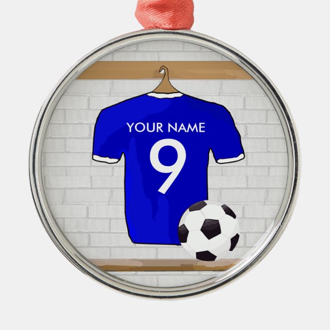Personalised Blue White Football Soccer Jersey Metal Tree Decoration (Front)