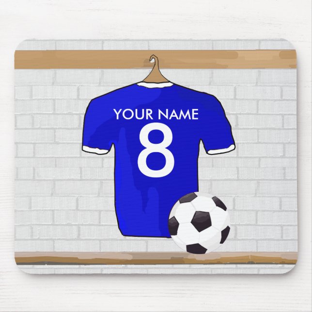 Personalised Blue White Football Soccer Jersey Mouse Mat (Front)