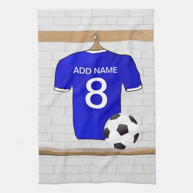 Personalised Blue White Football Soccer Jersey Tea Towel (Vertical)