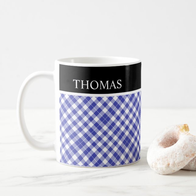 Personalised Blue White Gingham Custom Name Coffee Mug (With Donut)