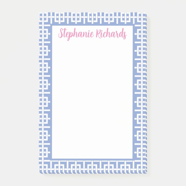 Personalised Blue & White Greek Key, Preppy Post-it Notes (Front)