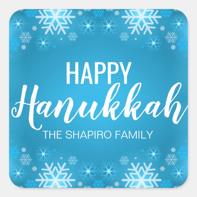 Personalised Blue White HAPPY HANUKKAH Snowflakes Square Sticker (Front)