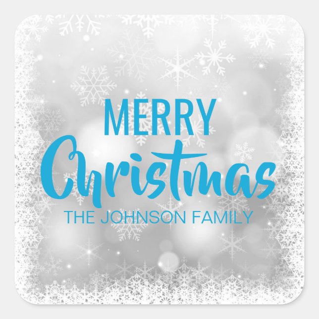 Personalised Blue White MERRY CHRISTMAS Snowflakes Square Sticker (Front)