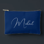 Personalised Blue White Monogram Makeup Cosmetic Accessory Pouch<br><div class="desc">Create your own custom, personalised, beautiful modern elegant white script / typography monogram monogrammed, durable Spun Polyester, mens womens dark navy blue zippered cosmetic makeup toiletry bag golf beach accessory pouch. Simply type in your name / initials / monogram, to customise. Make a great gift for birthday, fathers day, mothers...</div>
