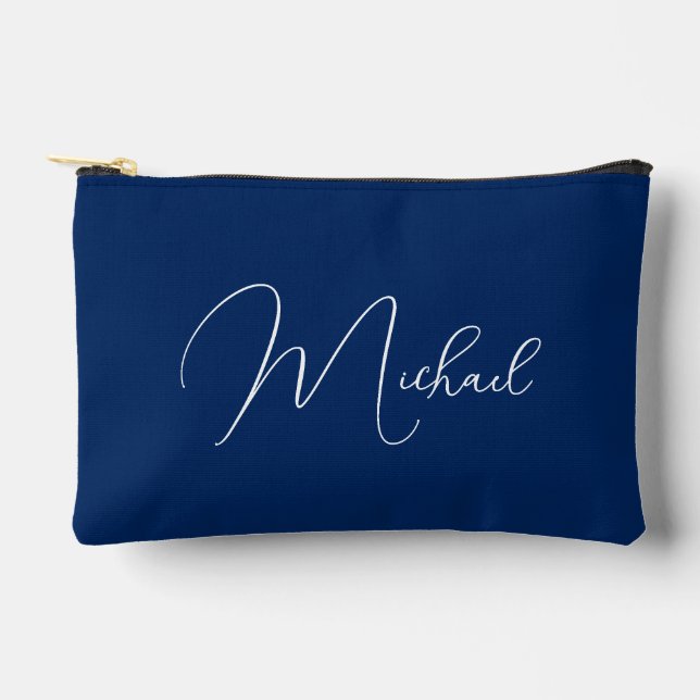 Personalised Blue White Monogram Makeup Cosmetic Accessory Pouch (Front)