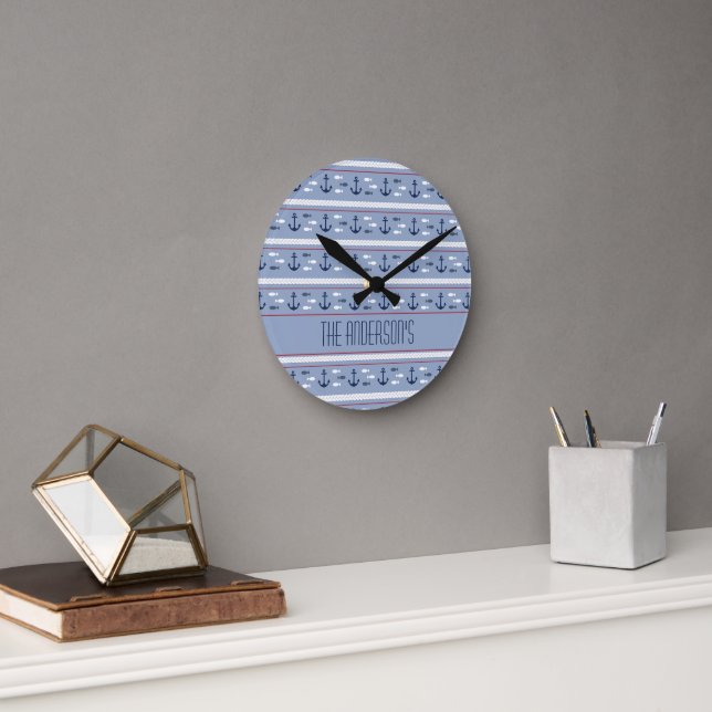Personalised Blue White Nautical Anchors  Round Clock (Office)