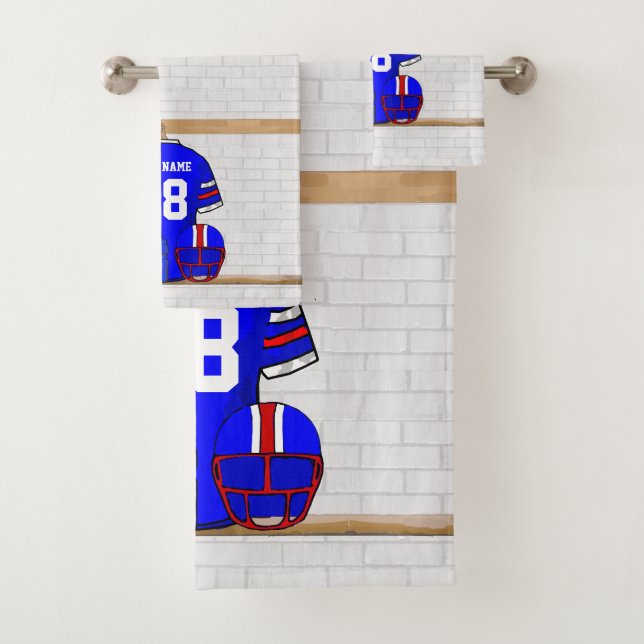 Personalised Blue White Red Football Jersey Bath Towel Set (Insitu)