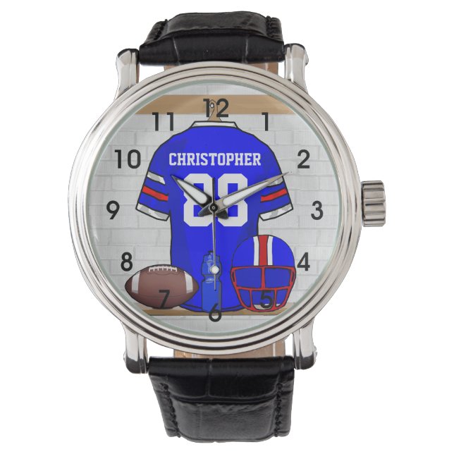 Personalised Blue White Red Football Jersey Watch (Front)
