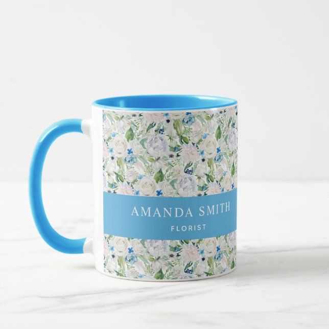 Personalised Blue & White Rose Elegant Florist Mug (Left)