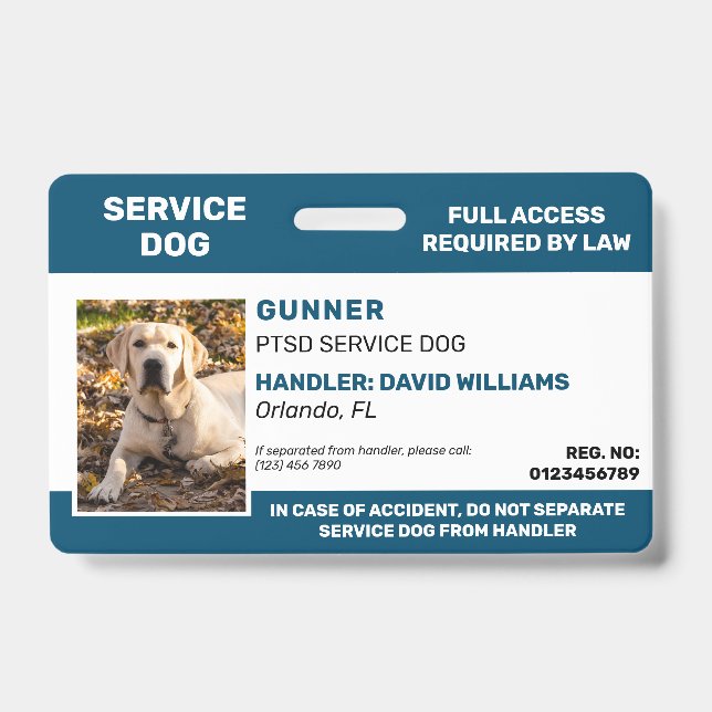 Personalised Blue White Service Dog Photo ID Badge (Front)