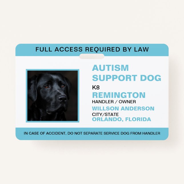 Personalised blue White Service Dog Photo ID ID Badge (Front)