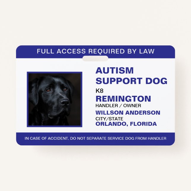 Personalised blue White Service Dog Photo ID ID Badge (Front)