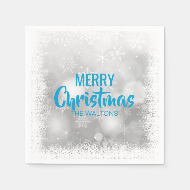 Personalised Blue White Snowflakes Merry Christmas Napkin (Front)