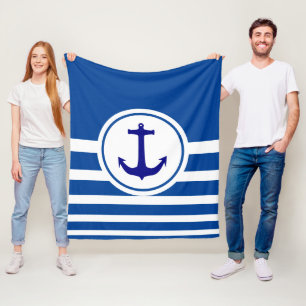 Personalised Blue & White Striped Navy Blue Anchor Fleece Blanket