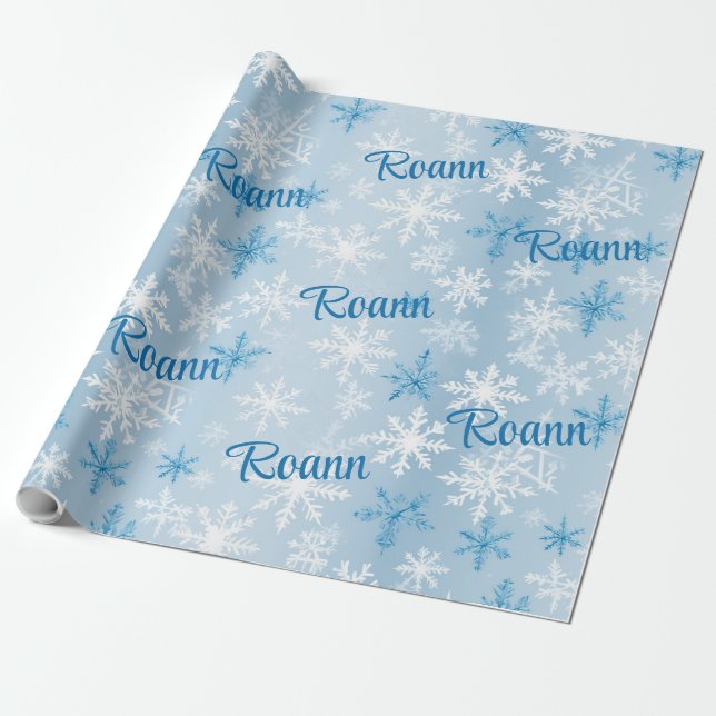 Personalised Blue & White Winter Snowflake Pattern Wrapping Paper (Unrolled)