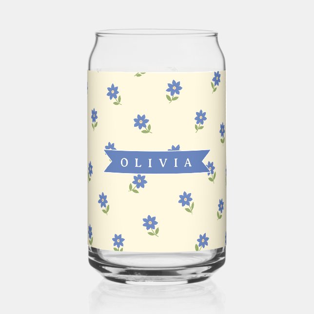 Personalised Blue Wildflower Pattern Name Gift Can Glass (Front)