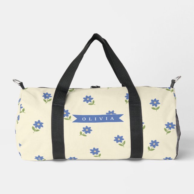 Personalised Blue Wildflower Pattern Name Gift Duffle Bag (Front)