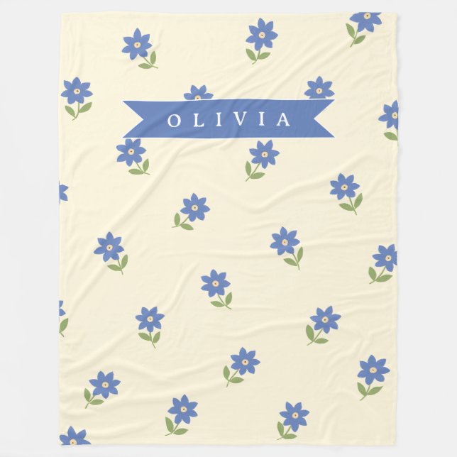 Personalised Blue Wildflower Pattern Name Gift Fleece Blanket (Front)