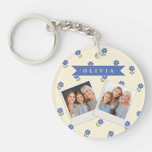 Personalised Blue Wildflower Pattern Name Gift Key Ring (Front)