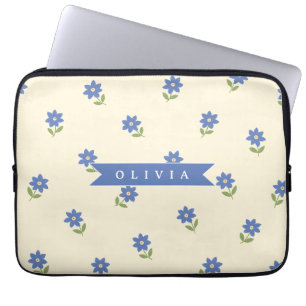 Personalised Blue Wildflower Pattern Name Gift Laptop Sleeve