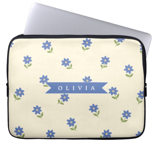 Personalised Blue Wildflower Pattern Name Gift Laptop Sleeve (Front)