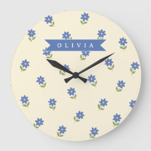 Personalised Blue Wildflower Pattern Name Gift Large Clock