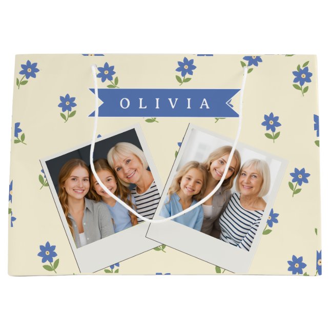 Personalised Blue Wildflower Pattern Name Gift Large Gift Bag (Front)