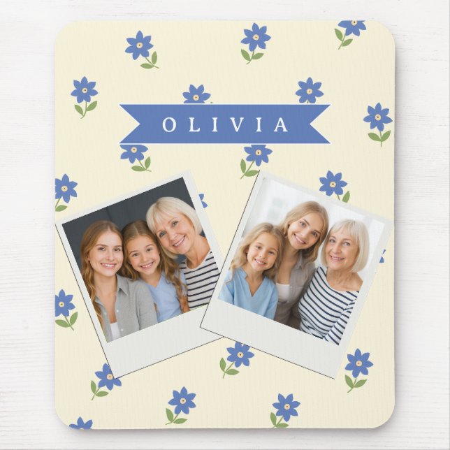 Personalised Blue Wildflower Pattern Name Gift Mouse Mat (Front)