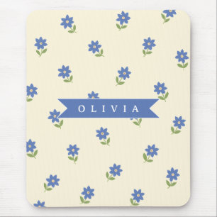 Personalised Blue Wildflower Pattern Name Gift Mouse Mat