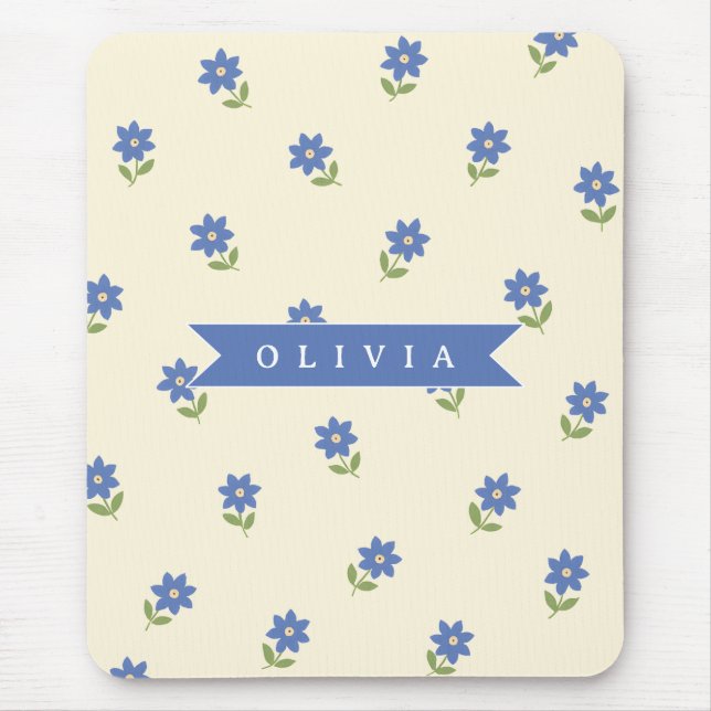 Personalised Blue Wildflower Pattern Name Gift Mouse Mat (Front)