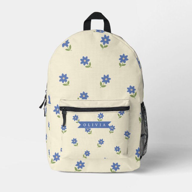 Personalised Blue Wildflower Pattern Name Gift Printed Backpack (Front)