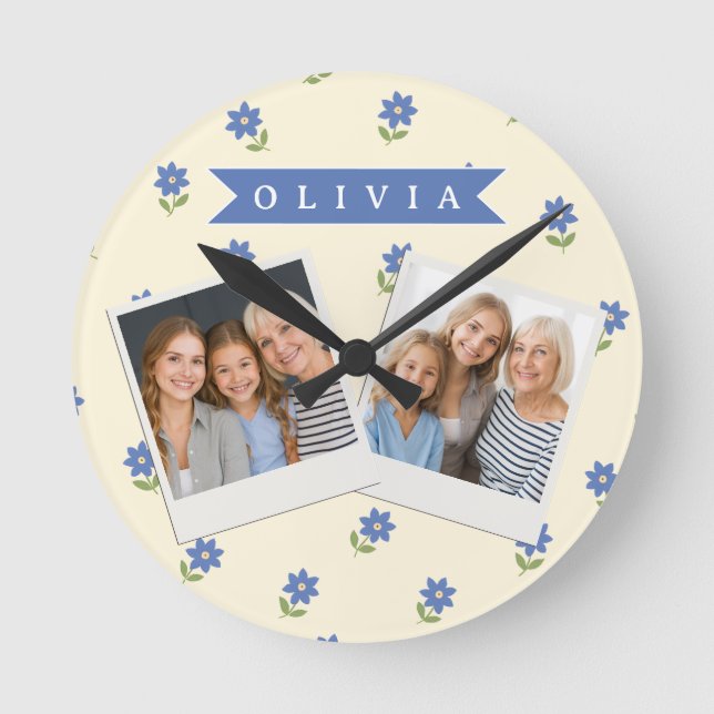Personalised Blue Wildflower Pattern Name Gift Round Clock (Front)