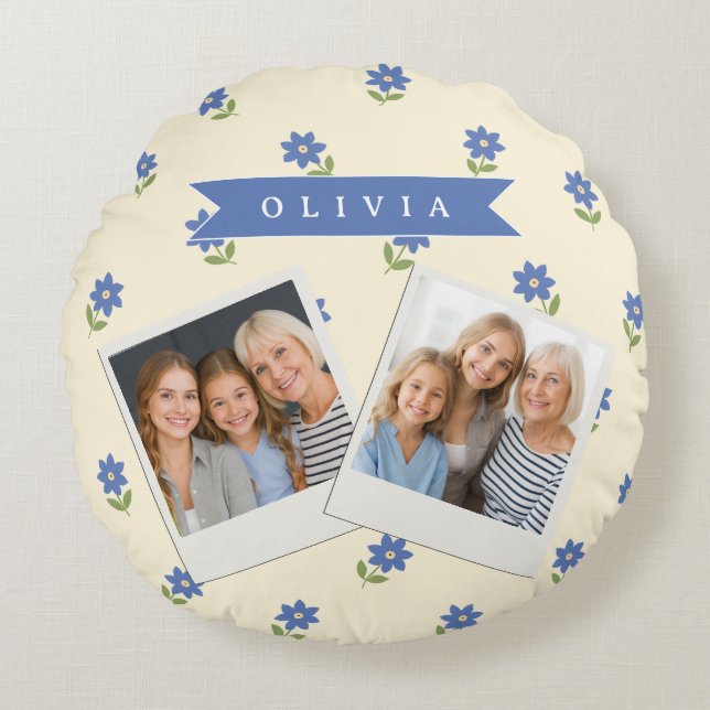 Personalised Blue Wildflower Pattern Name Gift Round Cushion (Front)
