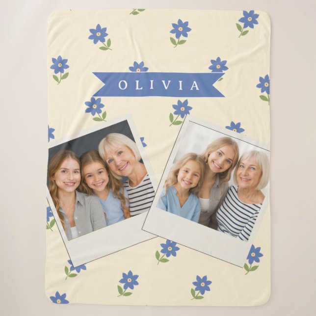 Personalised Blue Wildflower Pattern Name Gift Sherpa Blanket (Front)
