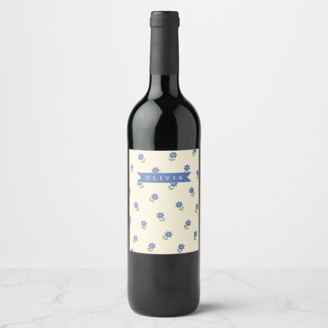 Personalised Blue Wildflower Pattern Name Gift Wine Label (Front)