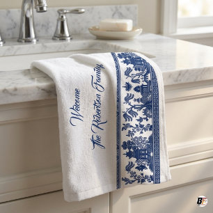 Personalised Blue Willow Chinoiserie Family Welcom Hand Towel