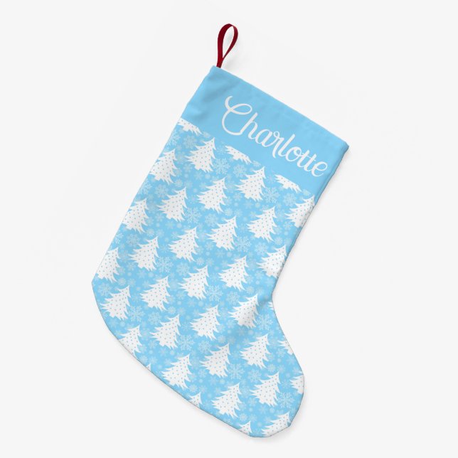 Personalised Blue Winter Christmas Tree Snowflake Small Christmas Stocking (Front (Hanging))