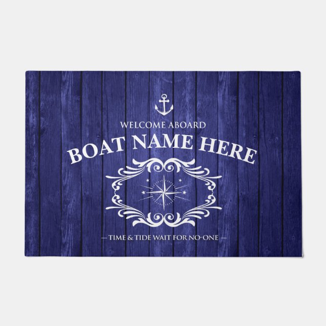 Personalised Blue wood effect boat door mat  (Front)