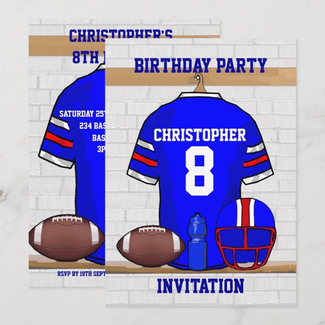 Personalised Blue WR Football Jersey Birthday Invitation (Front/Back)