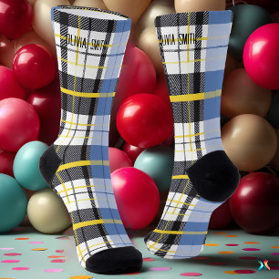 Personalised Blue, Yellow, and Black Tartan Plaid Socks