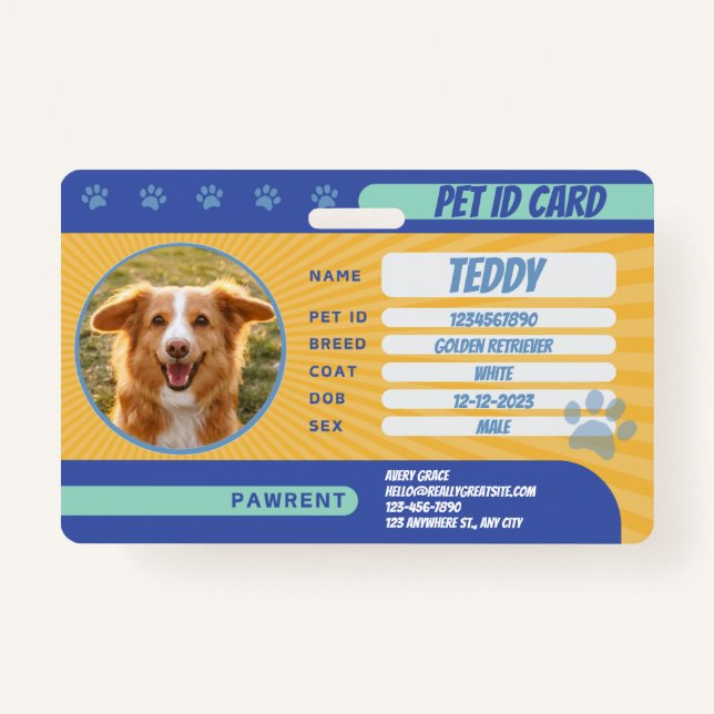 Personalised Blue Yellow Green Dog Photo ID Badge (Front)