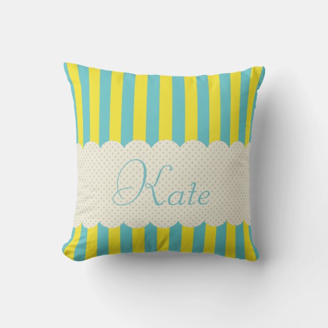 Personalised Blue Yellow Stripes Polka Dots Design Cushion (Front)