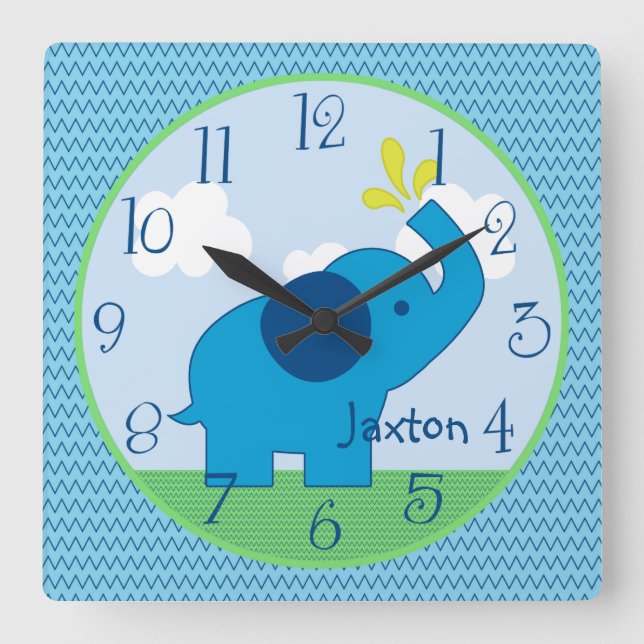 Personalised Blue Zig Zag Elephant Nursery Clock (Front)