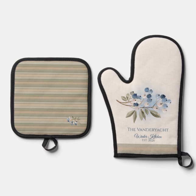 Personalised Blueberry Botanical  Oven Mitt & Pot Holder Set (Front)