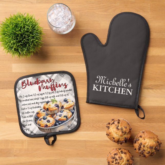 Personalised Blueberry Muffins Baking Recipe Oven Mitt & Pot Holder Set (Top Down)