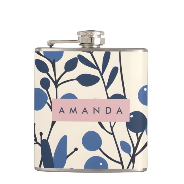 Personalised Blueberry Vine Botanical Style Hip Flask (Front)