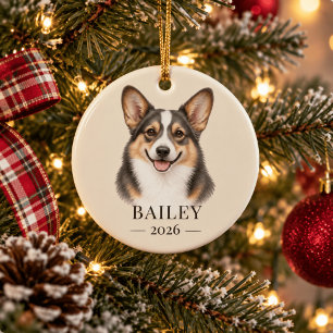 Personalised Bluie Corgi Name & Year Ceramic Tree Decoration