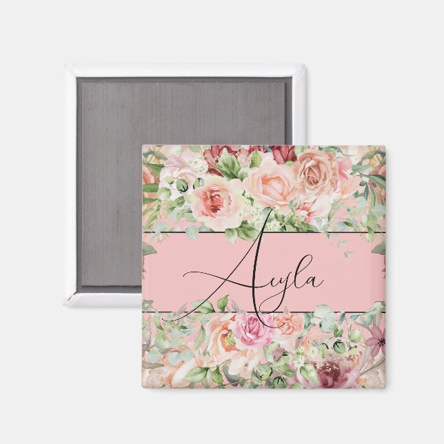 Personalised Blush Floral Border With Roses Magnet (Front/Back)