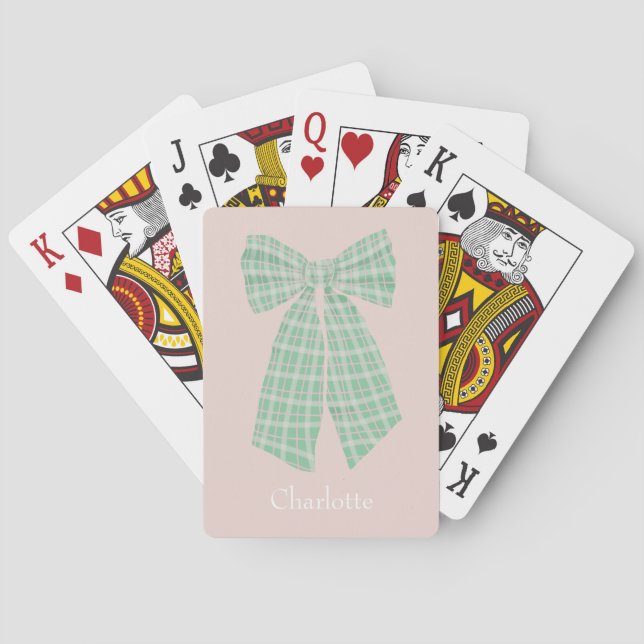 Personalised Blush Gingham Romantic Coquette Bow Playing Cards (Back)
