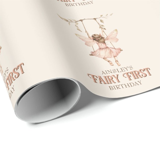 Personalised Blush Pink Fairy First 1st Birthday Wrapping Paper (Roll Corner)